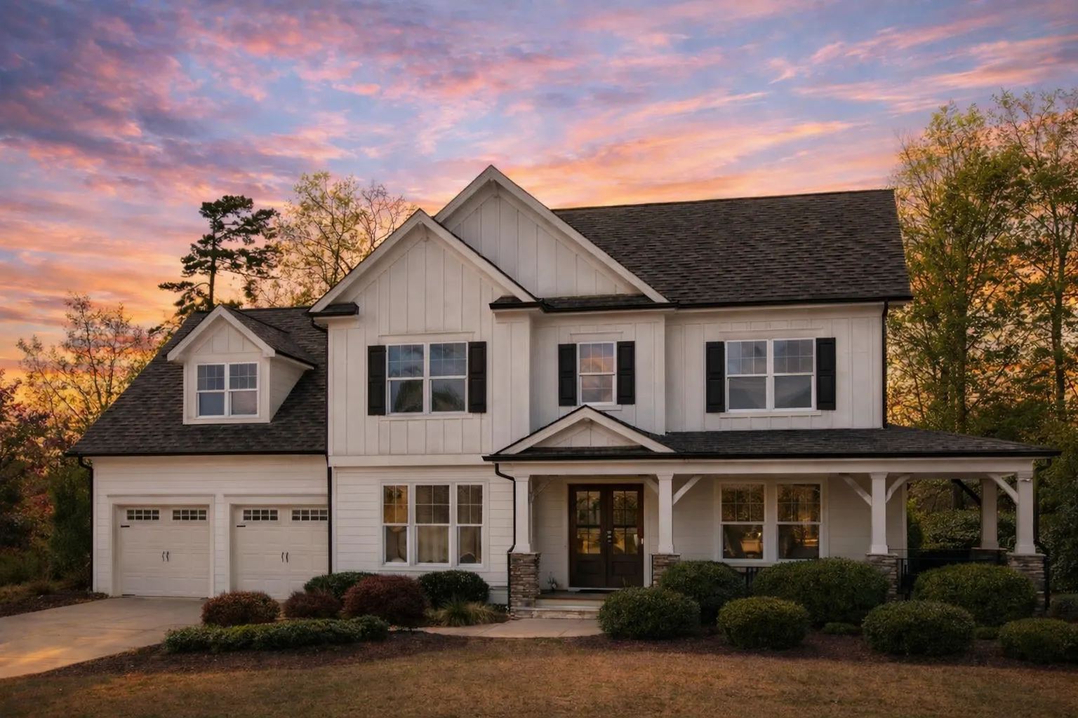 Front elevation of a New American Traditional Suburban style home featuring board and batten siding, brick exterior accents, black shutters, and covered entry porch