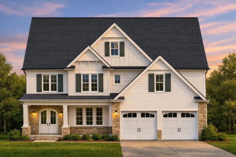Front elevation of a Modern Farmhouse home with white board and batten siding, stone veneer base, gabled rooflines, shutters, and 2-car garage