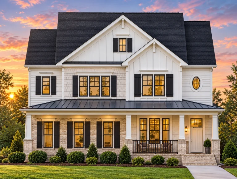 Front elevation of Modern Farmhouse style home with board and batten siding, stone accents, gabled rooflines and covered front porch