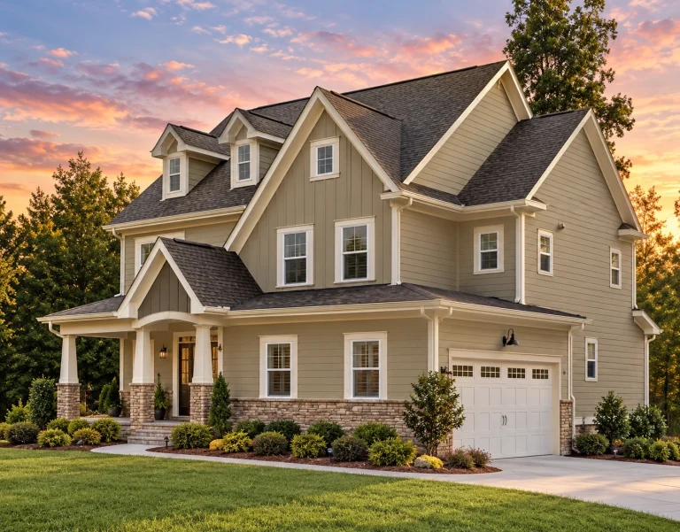 Front elevation of a New American Modern Farmhouse style home featuring board-and-batten siding, stone entry, dormer windows, and a welcoming covered porch