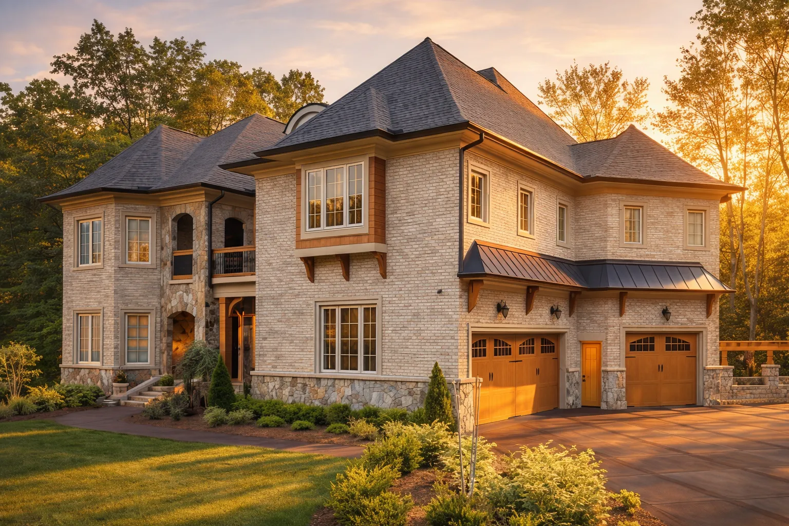 Front elevation of luxury French Country style home with full stone exterior, arched entry, steep hipped rooflines, and three-car garage at sunset