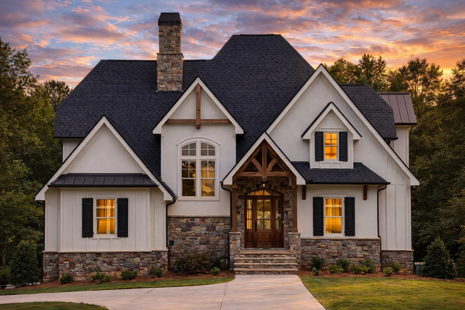 Front elevation of Modern Craftsman house with board and batten siding, stone base, gabled rooflines, and covered timber entry porch