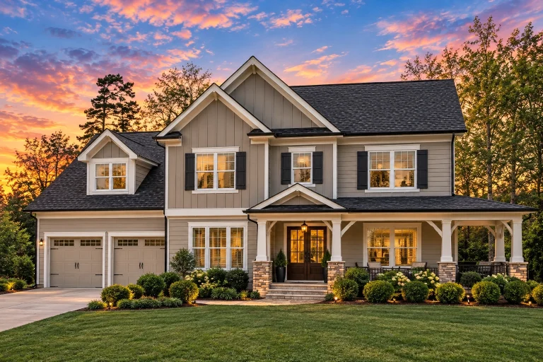 Front elevation of a New American Traditional Suburban style home featuring board and batten siding, brick exterior accents, black shutters, and covered entry porch