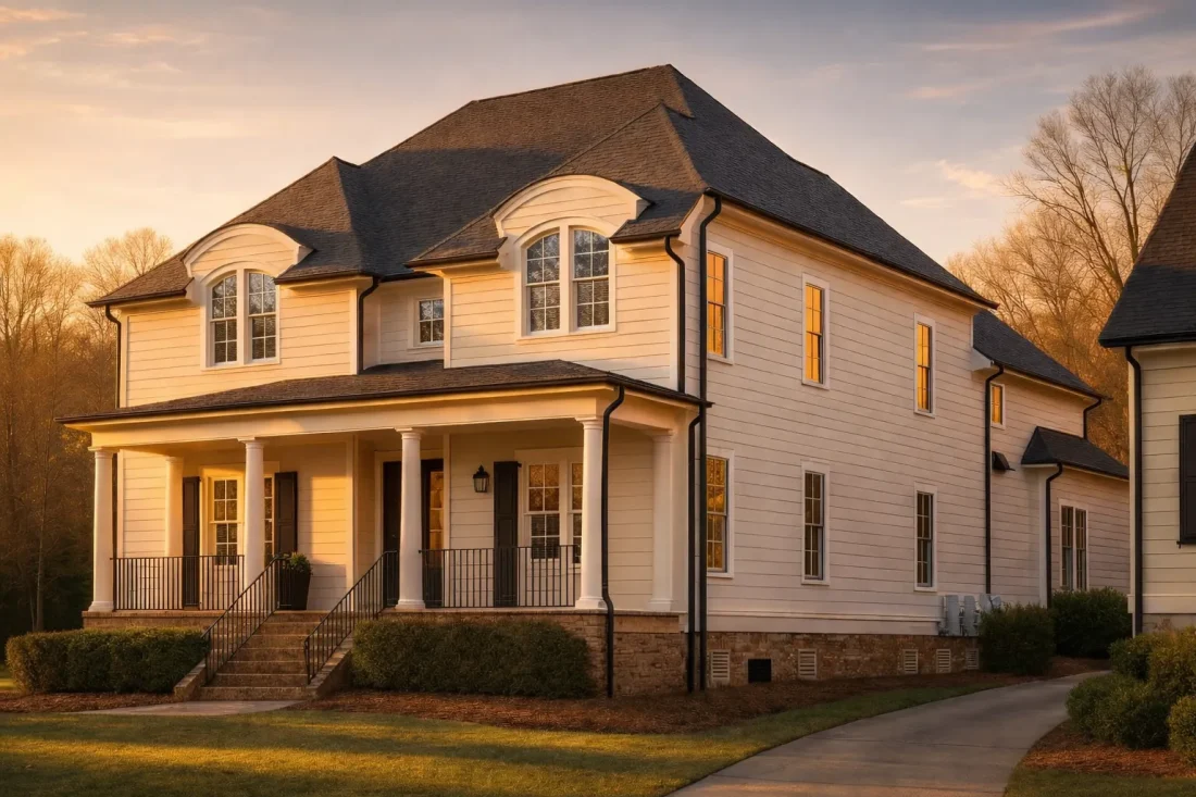 Front exterior of a Traditional Colonial style home with horizontal clapboard siding, symmetrical windows, covered front porch, and brick foundation