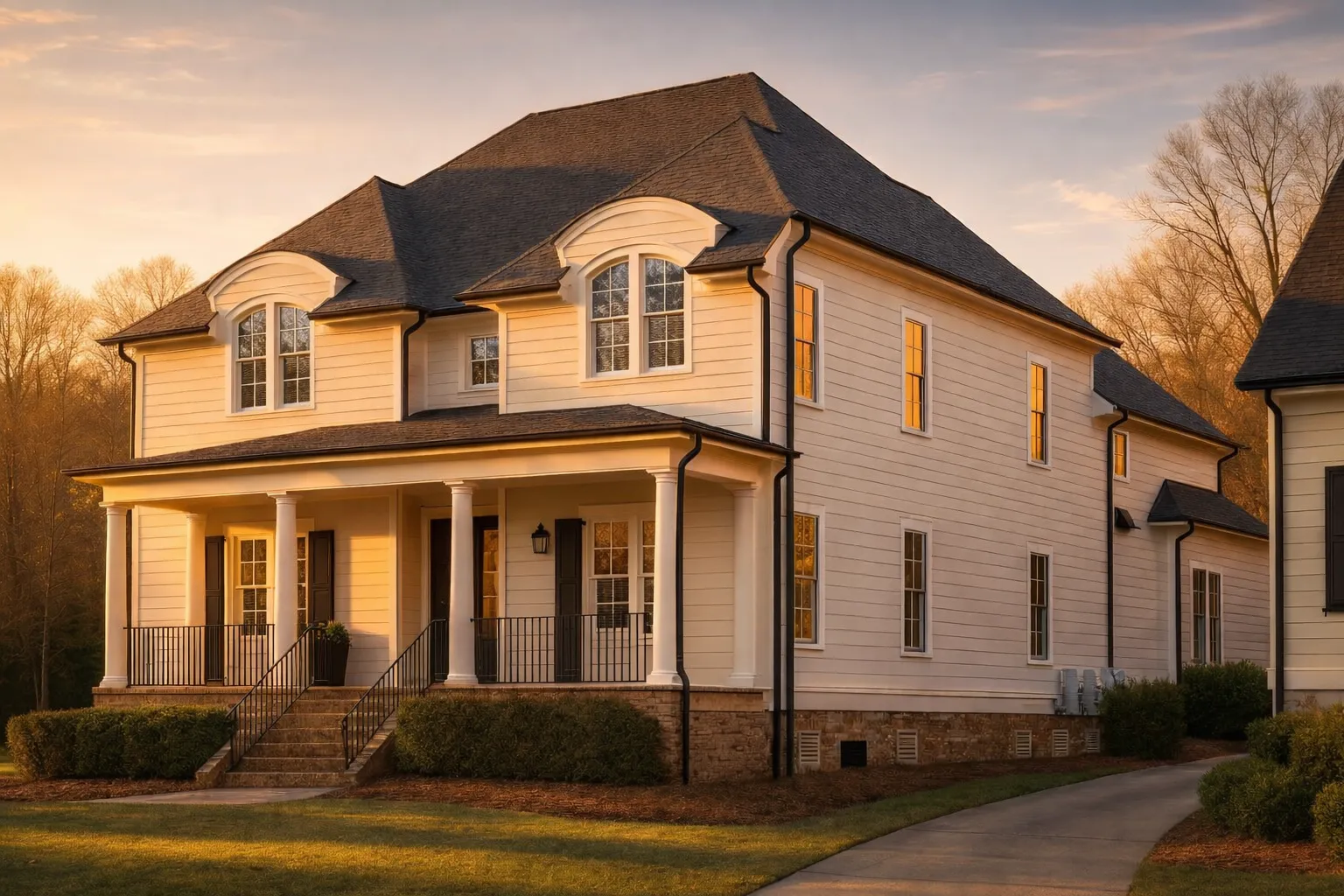 Front exterior of a Traditional Colonial style home with horizontal clapboard siding, symmetrical windows, covered front porch, and brick foundation