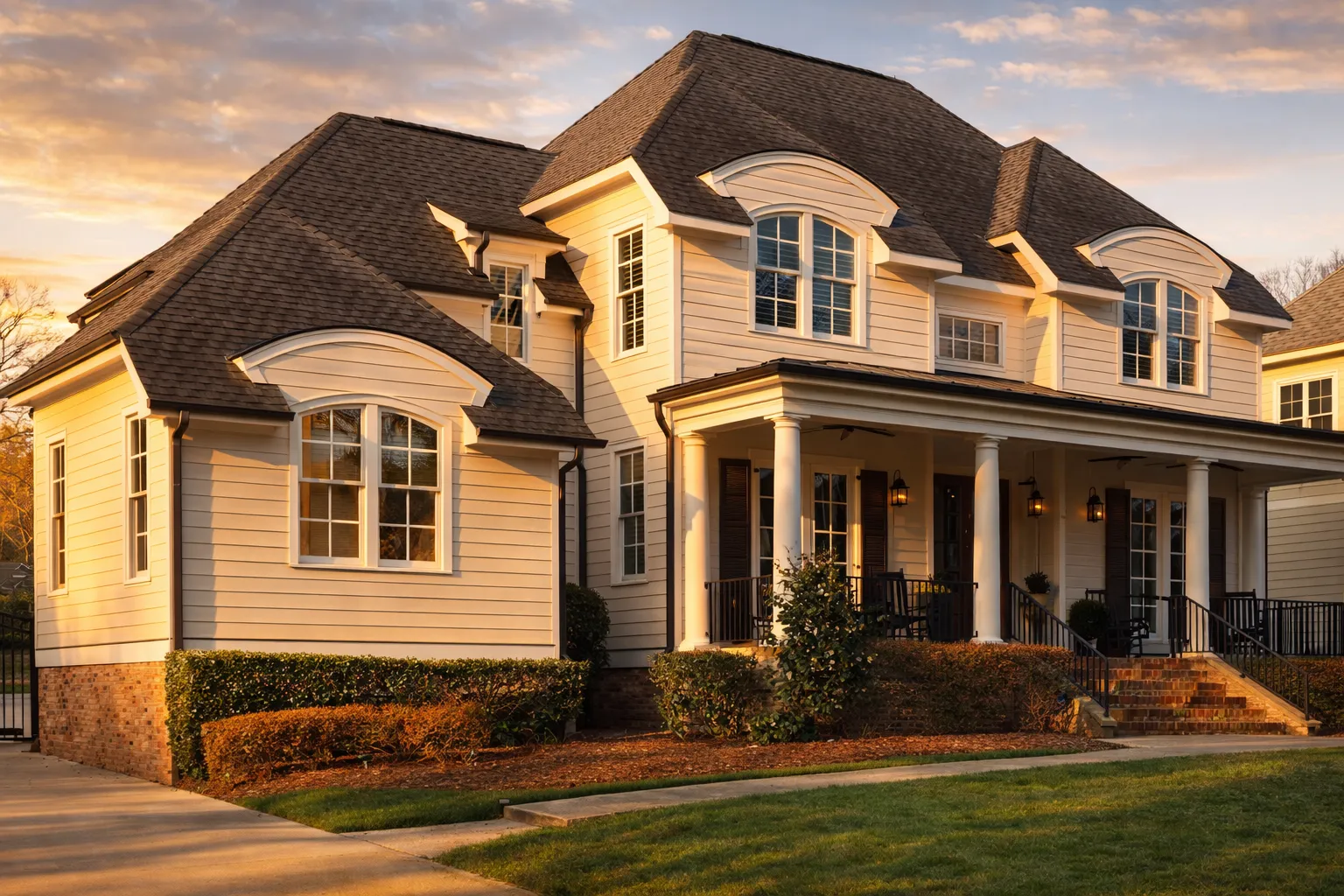 Front exterior of a Traditional Colonial style home with horizontal clapboard siding, symmetrical windows, covered front porch, and brick foundation