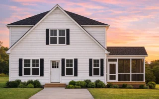 Front view of a Modern Farmhouse Cottage featuring white lap siding, black roof, and stone foundation with a screened porch entry