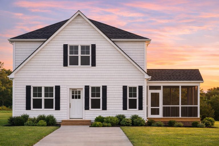 Front view of a Modern Farmhouse Cottage featuring white lap siding, black roof, and stone foundation with a screened porch entry