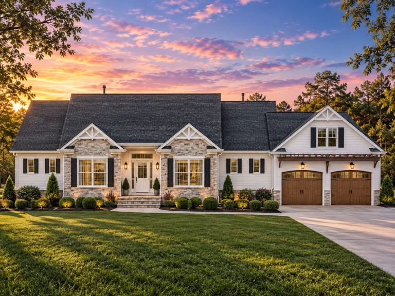Front elevation of a Traditional Ranch style home with horizontal siding, stone accents, gabled rooflines, and attached two-car garage