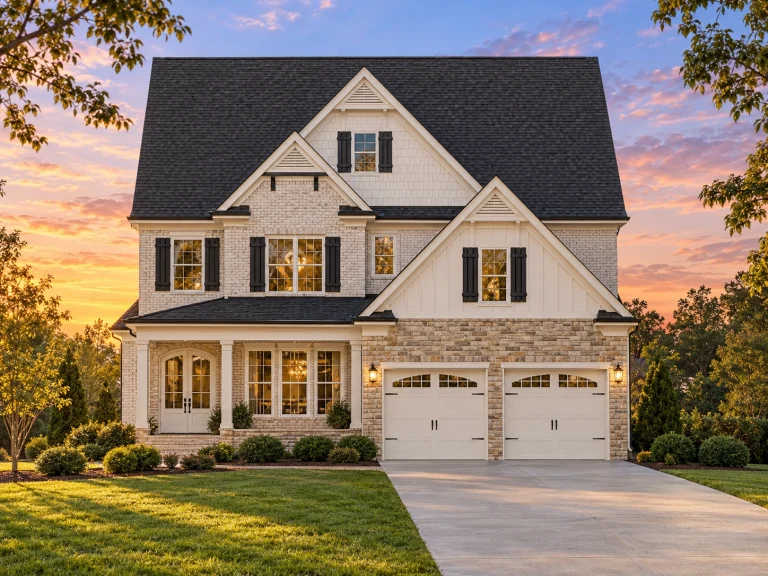 Mid-Size House Plans 1 Front elevation of a Modern Farmhouse home with white board and batten siding, stone veneer base, gabled rooflines, shutters, and 2-car garage