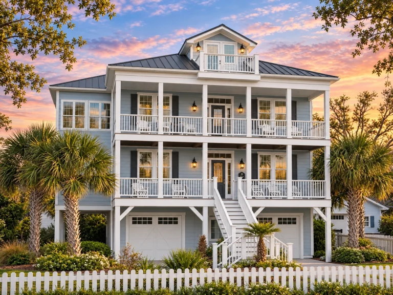 Front exterior view of a coastal beach house with elevated design, double stacked porches, white siding, and standing seam metal roof