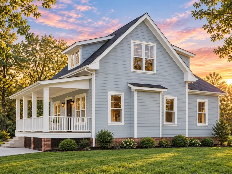 Front exterior of a Cape Cod style coastal cottage home featuring lap siding, symmetrical façade, gabled roof, and inviting covered front porch