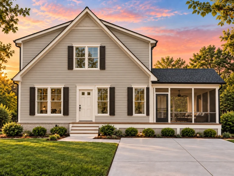 Split Garage House Plans 5 Front view of a Modern Farmhouse Cottage featuring white lap siding, black roof, and stone foundation with a screened porch entry