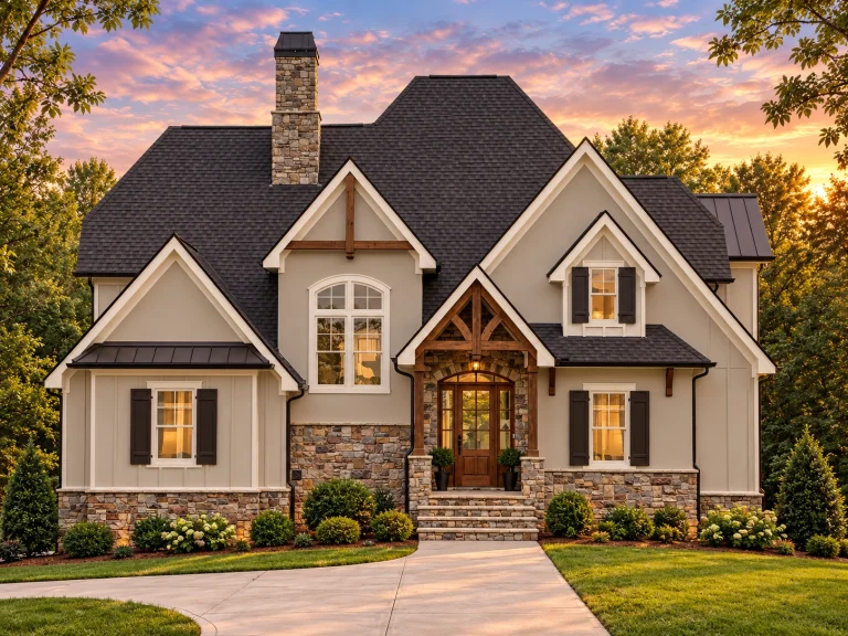 Split Garage House Plans 18 Front elevation of Modern Craftsman house with board and batten siding, stone base, gabled rooflines, and covered timber entry porch