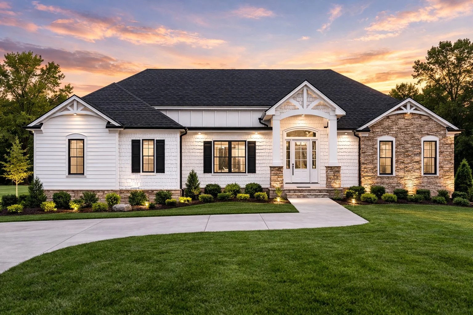 Front elevation of a New American ranch style house with stone veneer, horizontal siding, and symmetrical entry design