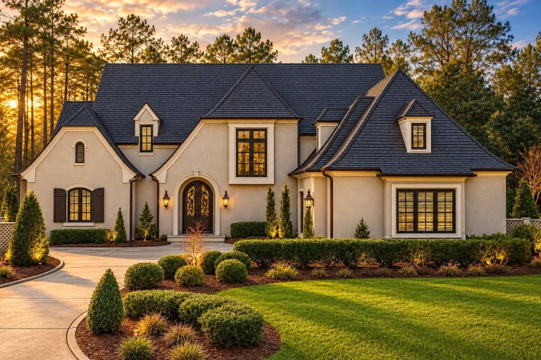 Front exterior of a French Country style home featuring smooth stucco walls, steep hipped roof, arched entry, and refined European detailing