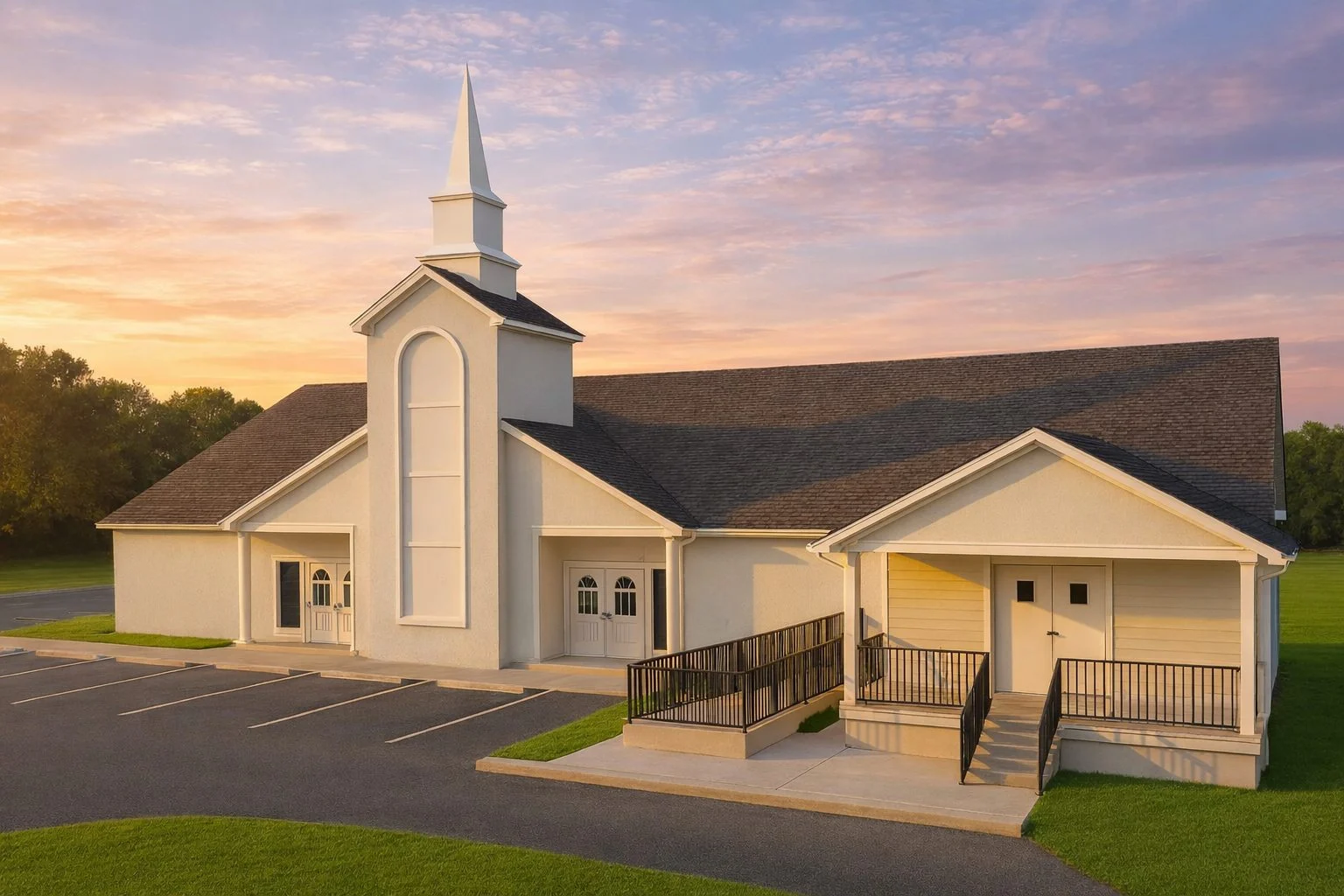 Front elevation of a Traditional Colonial Revival style clubhouse with horizontal siding, gabled rooflines, steeple tower, and accessible entry ramps