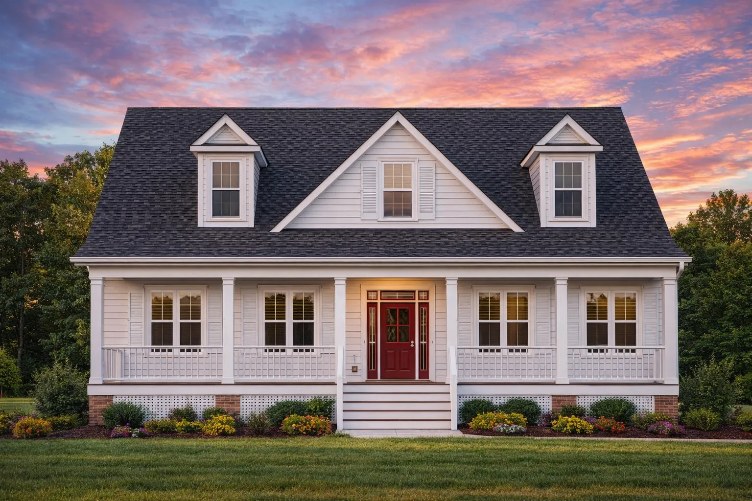Front elevation of a Cape Cod style home featuring horizontal siding, symmetrical dormers, a covered front porch, and classic red entry door