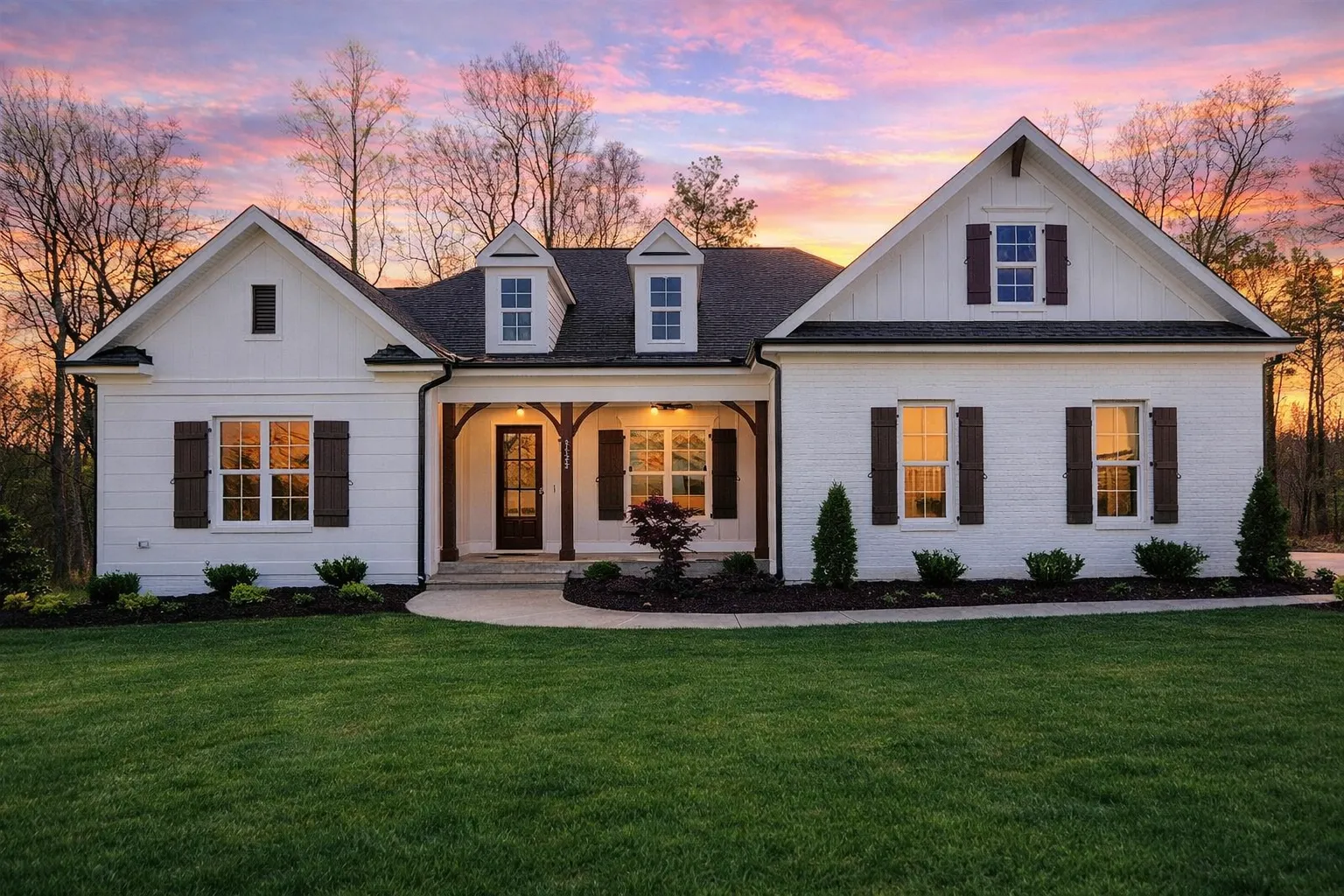 Front elevation of a New American modern farmhouse home with brick exterior, board-and-batten siding, black shutters, and a covered front porch