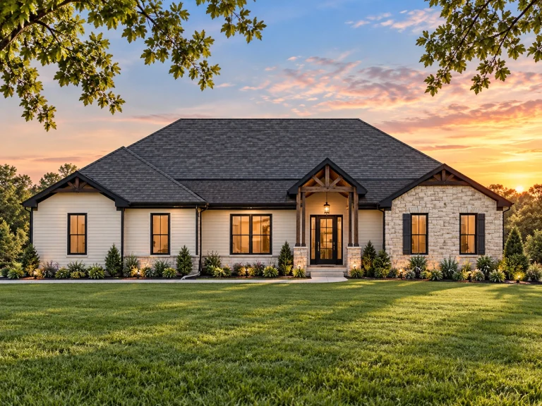 Top Designer-Approved House Plans 22 Front elevation of a New American ranch style house with stone veneer, horizontal siding, and symmetrical entry design
