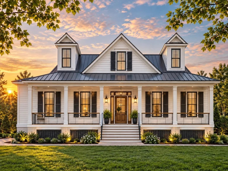 Top Designer-Approved House Plans 18 Front elevation of a Cape Cod style home featuring horizontal siding, symmetrical dormers, a covered front porch, and classic red entry door