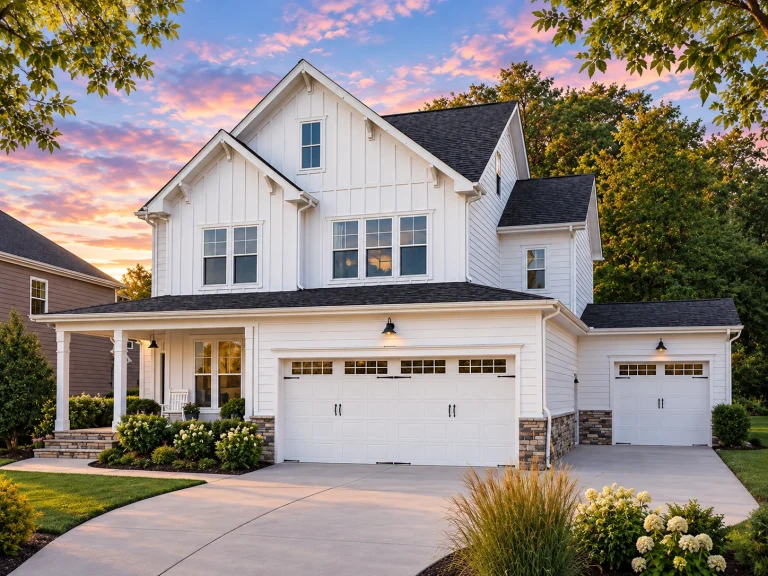 Top Designer-Approved House Plans 24 Front elevation of a New American modern traditional house with board and batten siding, gabled rooflines, and covered front porch
