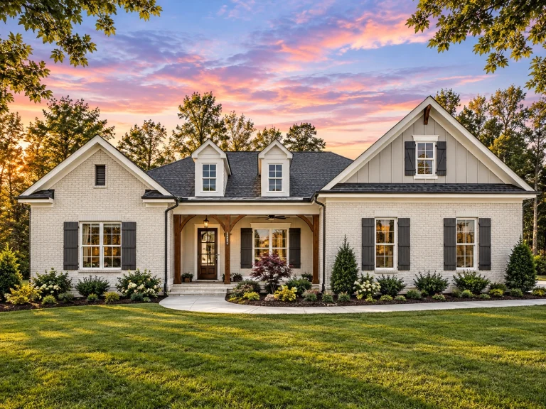 Front elevation of a New American modern farmhouse home with brick exterior, board-and-batten siding, black shutters, and a covered front porch