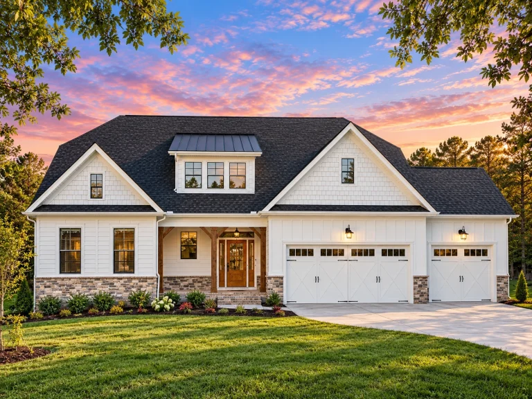 House Plans with Spacious Laundry Room 3 Front elevation of a Craftsman Traditional home featuring stone accents, board and batten siding, and a welcoming covered porch with gabled rooflines.