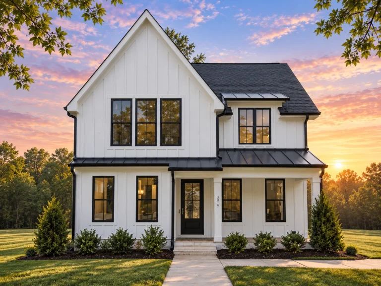 Low Country House Plans 6 Front exterior view of a New American Modern Farmhouse style home with white board and batten siding, black metal porch roof, symmetrical windows, and covered front porch