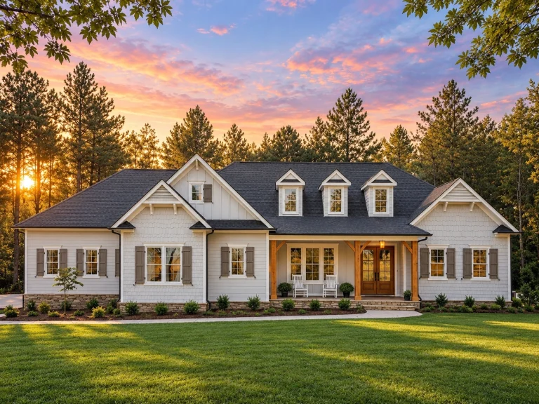 Front exterior of a New American style home with painted brick exterior, symmetrical façade, dormer windows, and Southern Traditional detailing