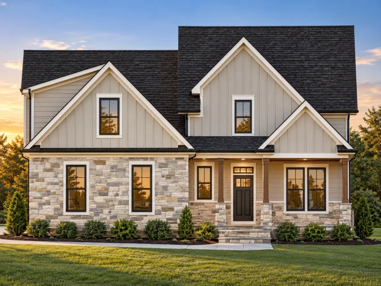 Simple House Plans 5 Front elevation of a Modern Farmhouse with white board and batten siding, stone veneer base, gabled rooflines, and covered entry porch