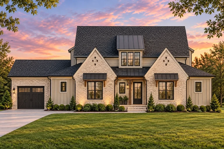 Front elevation of a modern farmhouse style home with board and batten siding, stone exterior accents, black windows, and attached garage
