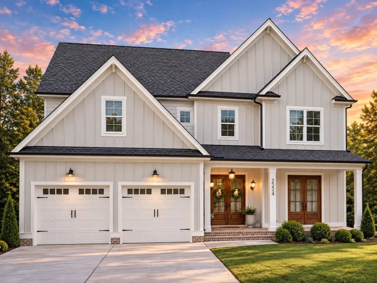 House Plans with Bonus Room 6 Front exterior view of a New American modern traditional house featuring mixed siding, double garage, and covered front porch
