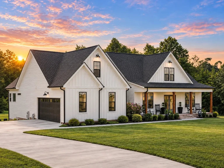 Front view of a Modern Farmhouse with white board and batten siding, stone base accents, and a welcoming covered porch