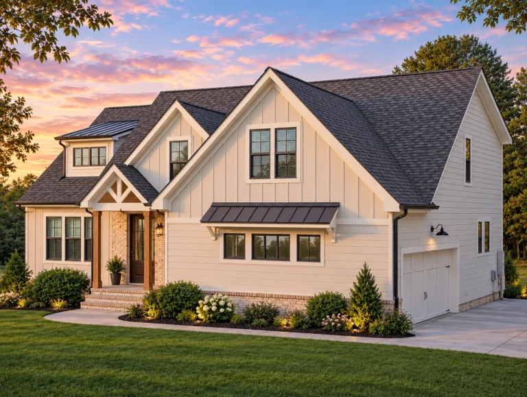 Front elevation of a New American Modern Traditional house featuring painted brick, board and batten siding, steep gables, and a covered entry porch
