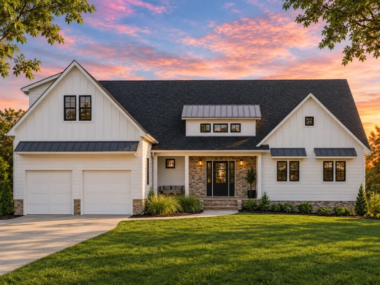 Front exterior of a Modern Farmhouse New American style home featuring board and batten siding, stone accents, gabled rooflines, and an attached garage