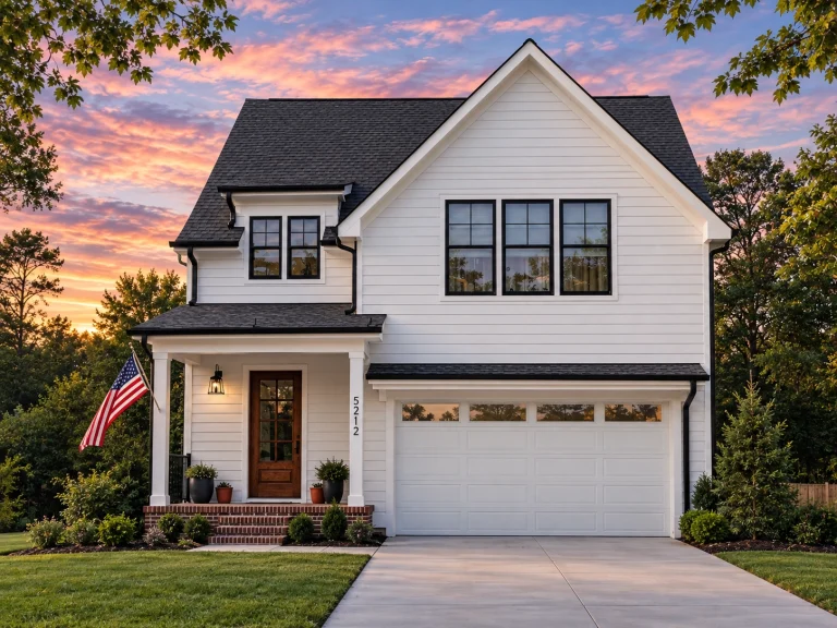House Plans with Photos 3 Front elevation of a Modern Farmhouse style home featuring white horizontal lap siding, black windows, a two-car garage, and a covered front porch with natural wood door