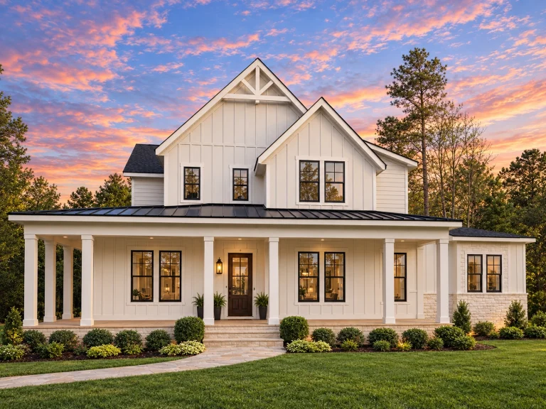 Transitional Ranch House Plans 19 Front elevation of a Modern Farmhouse style home featuring board and batten siding, stone veneer accents, black windows, and a covered front porch
