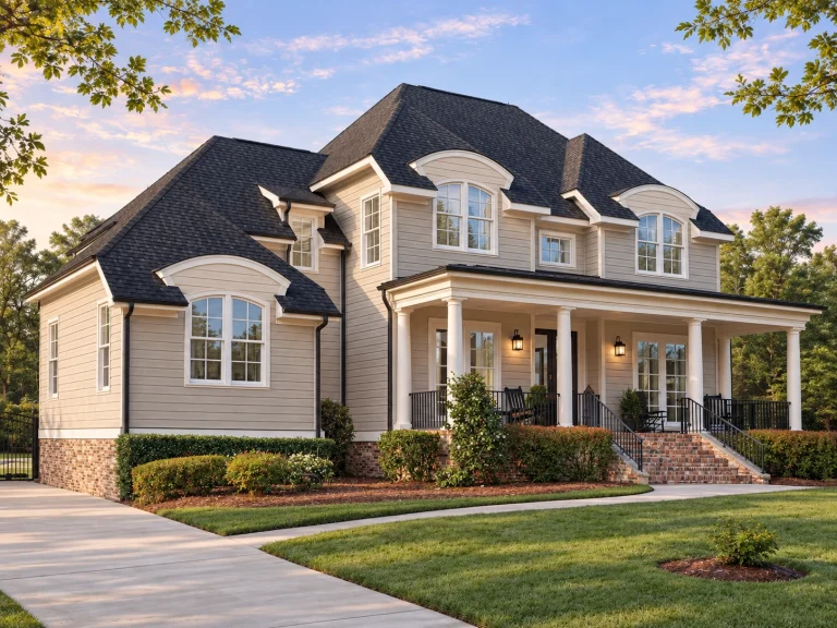 Single Family House Plans 11 Front exterior of a Traditional Colonial style home with horizontal clapboard siding, symmetrical windows, covered front porch, and brick foundation