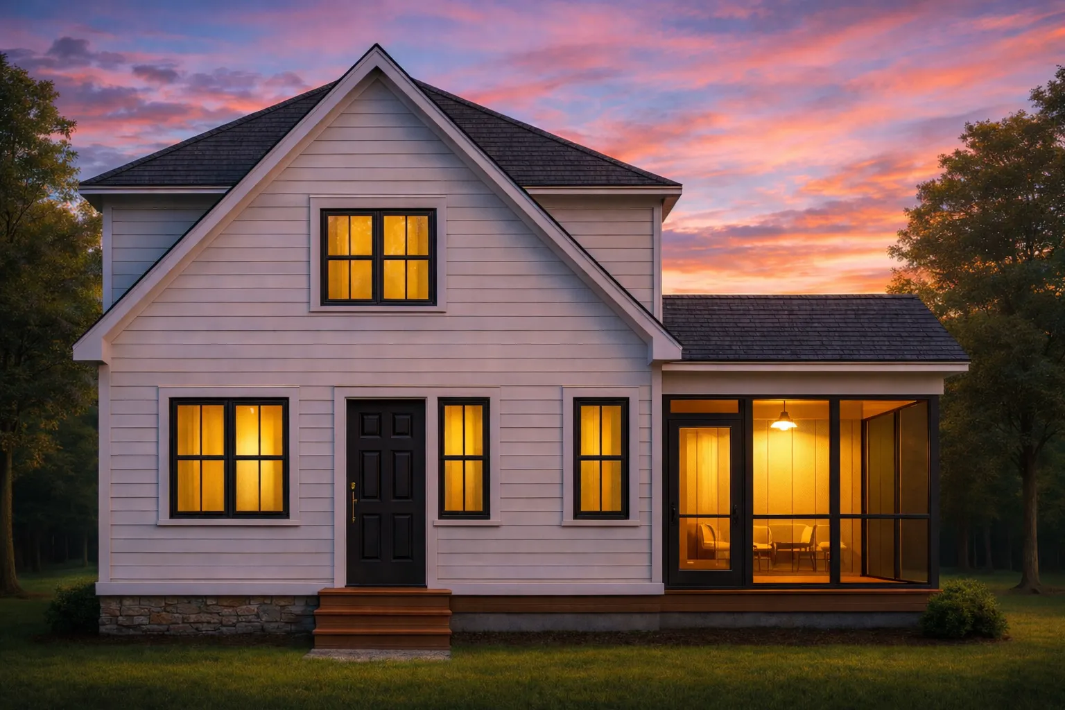 Front view of a Modern Farmhouse Cottage featuring white lap siding, black roof, and stone foundation with a screened porch entry