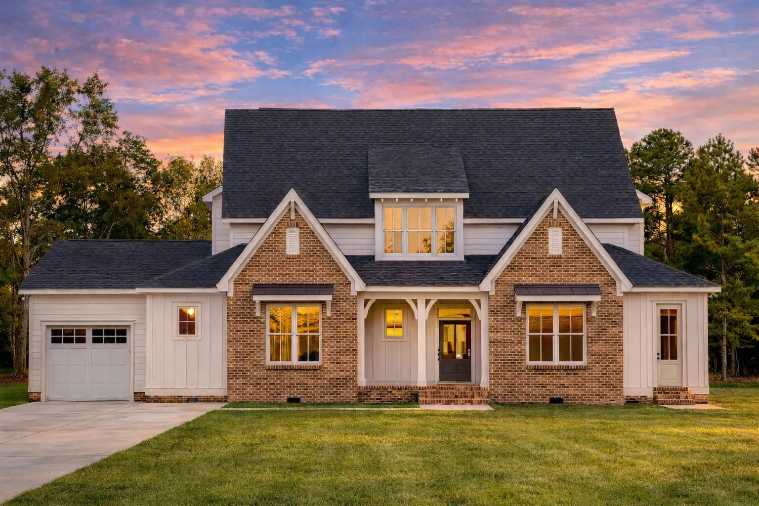 Front elevation of a modern farmhouse style home with board and batten siding, stone exterior accents, black windows, and attached garage