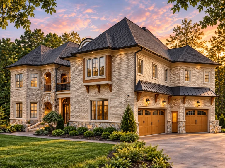 House Plans with Outdoor Kitchen 13 Front elevation of luxury French Country style home with full stone exterior, arched entry, steep hipped rooflines, and three-car garage at sunset