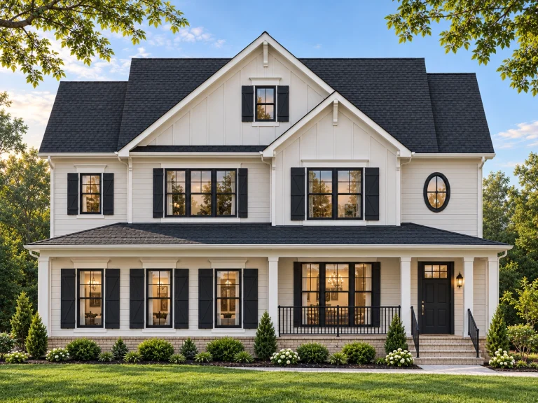 Front elevation of Modern Farmhouse style home with board and batten siding, stone accents, gabled rooflines and covered front porch