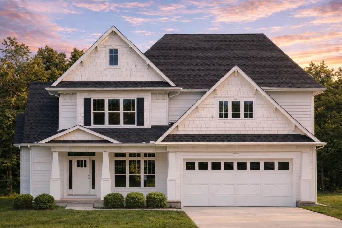 Front view of a Modern Farmhouse style home featuring horizontal siding, stone accents, and board-and-batten gable details for timeless curb appeal