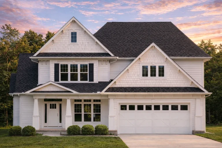 Front view of a Modern Farmhouse style home featuring horizontal siding, stone accents, and board-and-batten gable details for timeless curb appeal
