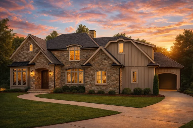 Front exterior view of a Traditional Tudor Revival style home with brick façade, board and batten siding, steep gables, and side-entry garage