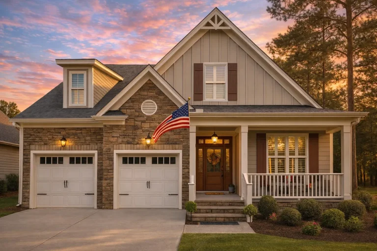 Front elevation of a Traditional Craftsman style home featuring stone accents, board-and-batten siding, horizontal lap siding, and a welcoming covered front porch
