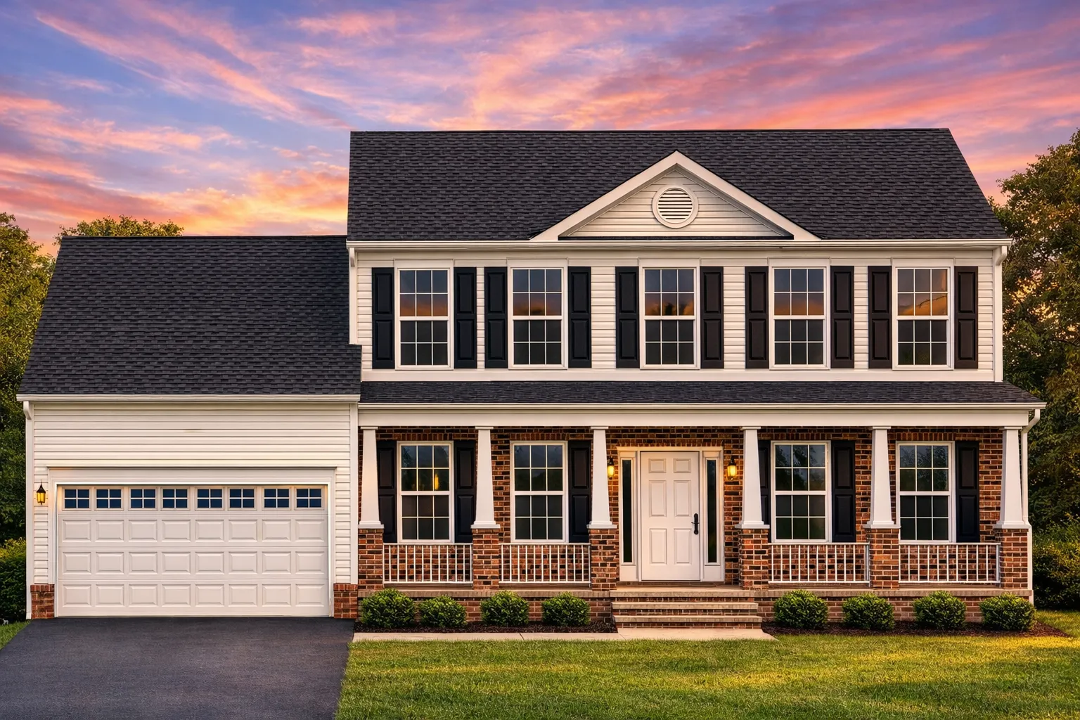 Front exterior view of a Traditional Colonial style home with horizontal siding, symmetrical windows, central entry porch, and attached two-car garage