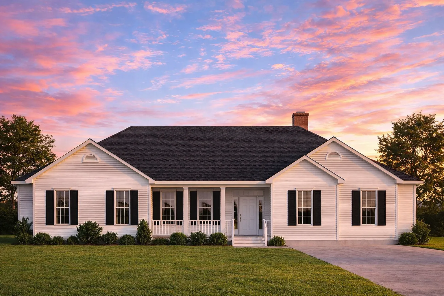 Front elevation of a Traditional Ranch style home featuring light horizontal siding, brick foundation, symmetrical windows with shutters, and a welcoming covered porch.