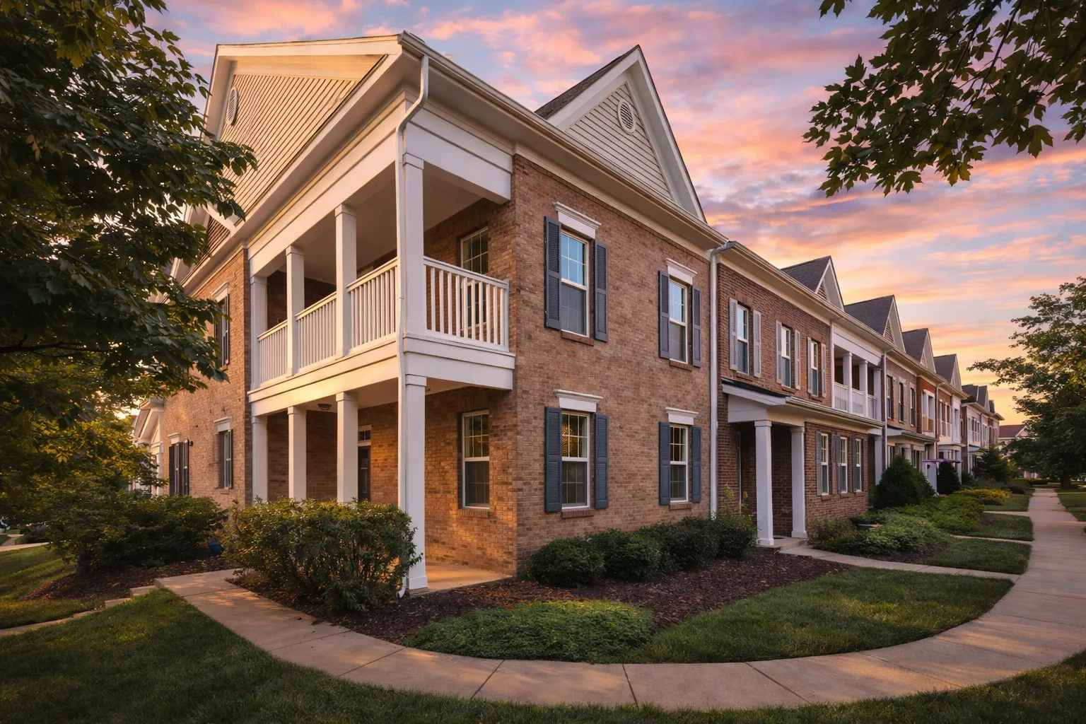 Front view of a Colonial Neoclassical style two-story house featuring painted brick exterior, columned porch, and symmetrical shuttered windows